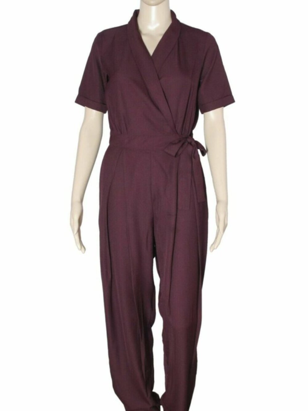 Saiesta Pleated Short Sleeve Tie Waist Wine Straight Leg Jumpsuit S